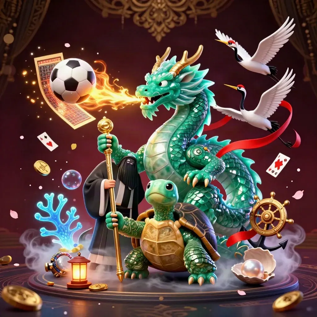 Jade dragon, turtle sage and cranes amid flying balls, coins and neon casino treasure.