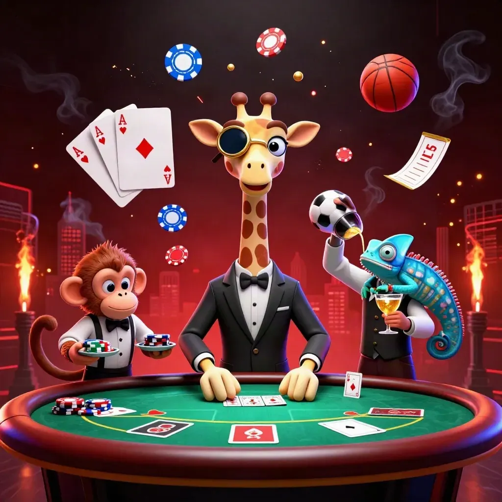 Cartoon giraffe, monkey, and chameleon at a neon poker table with chips, balls, sparks and skyline.