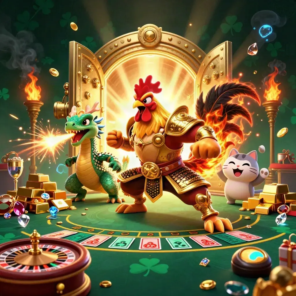 Rooster warrior, spark-breathing dragon hatchling, and lucky cat in a casino vault burst.