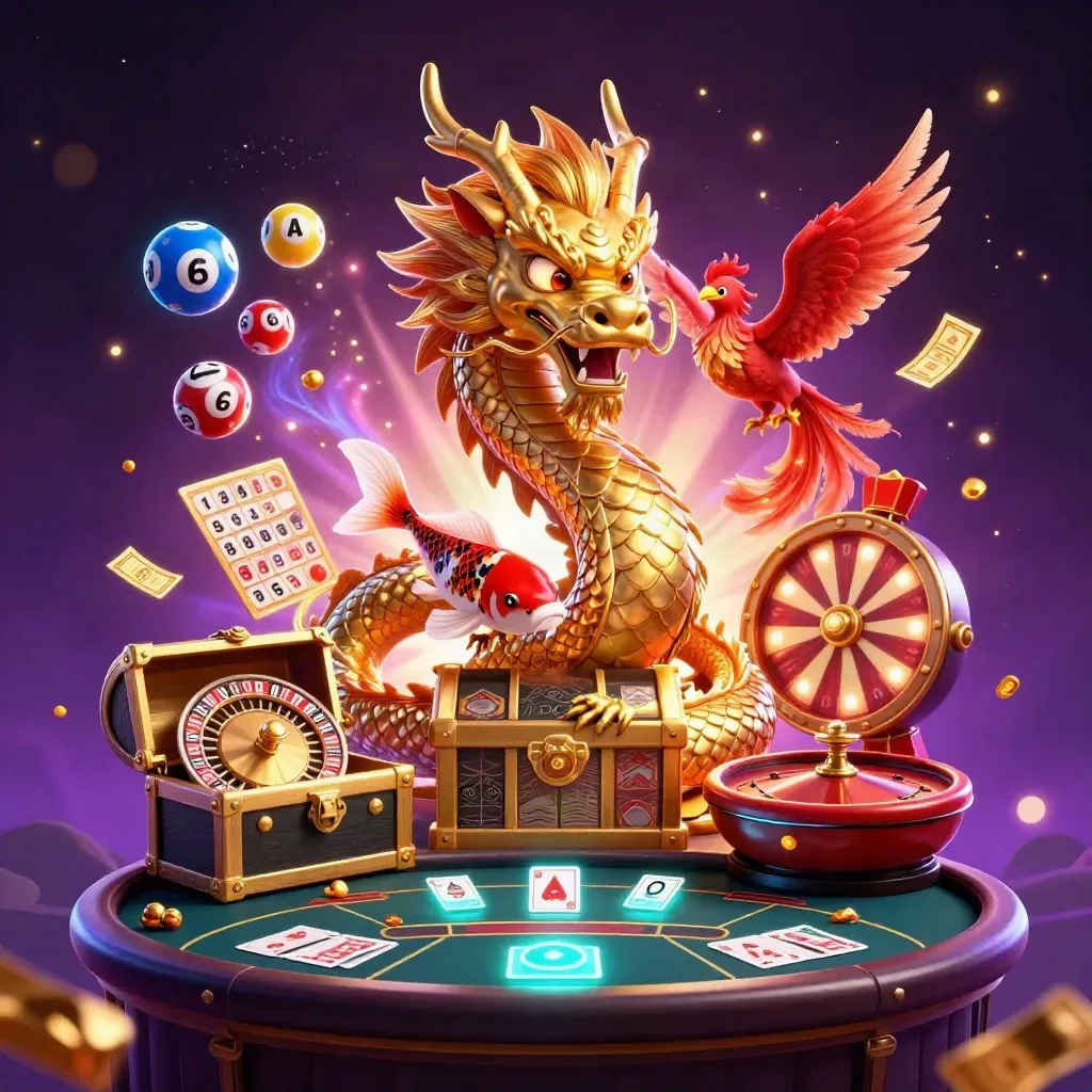 Golden dragon with phoenix and koi amid neon casino props and glowing blue light.