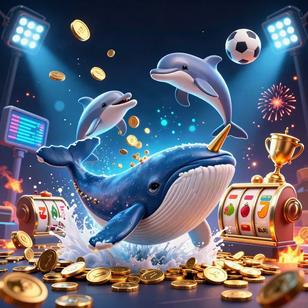 Whale captain, narwhal, dolphins, coins, sports balls, trophy, floodlights, fireworks in neon casino style