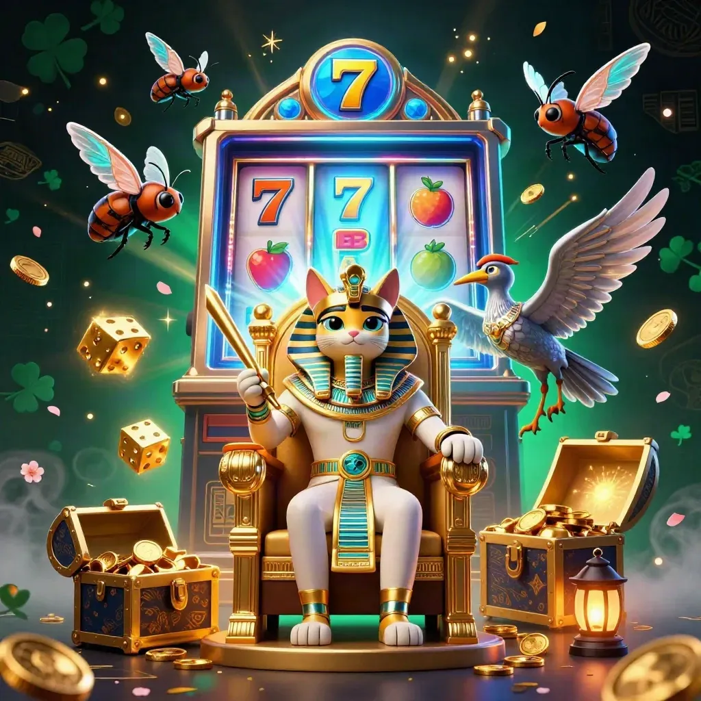 Pharaoh cat throne scene with ibis, scarabs, jackpot slot burst, coins, fireworks
