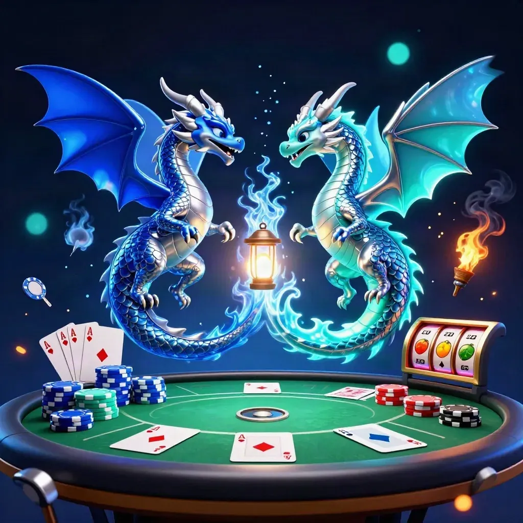 Twin neon dragons spiral with cards, chips and reel symbols in a dark casino glow.
