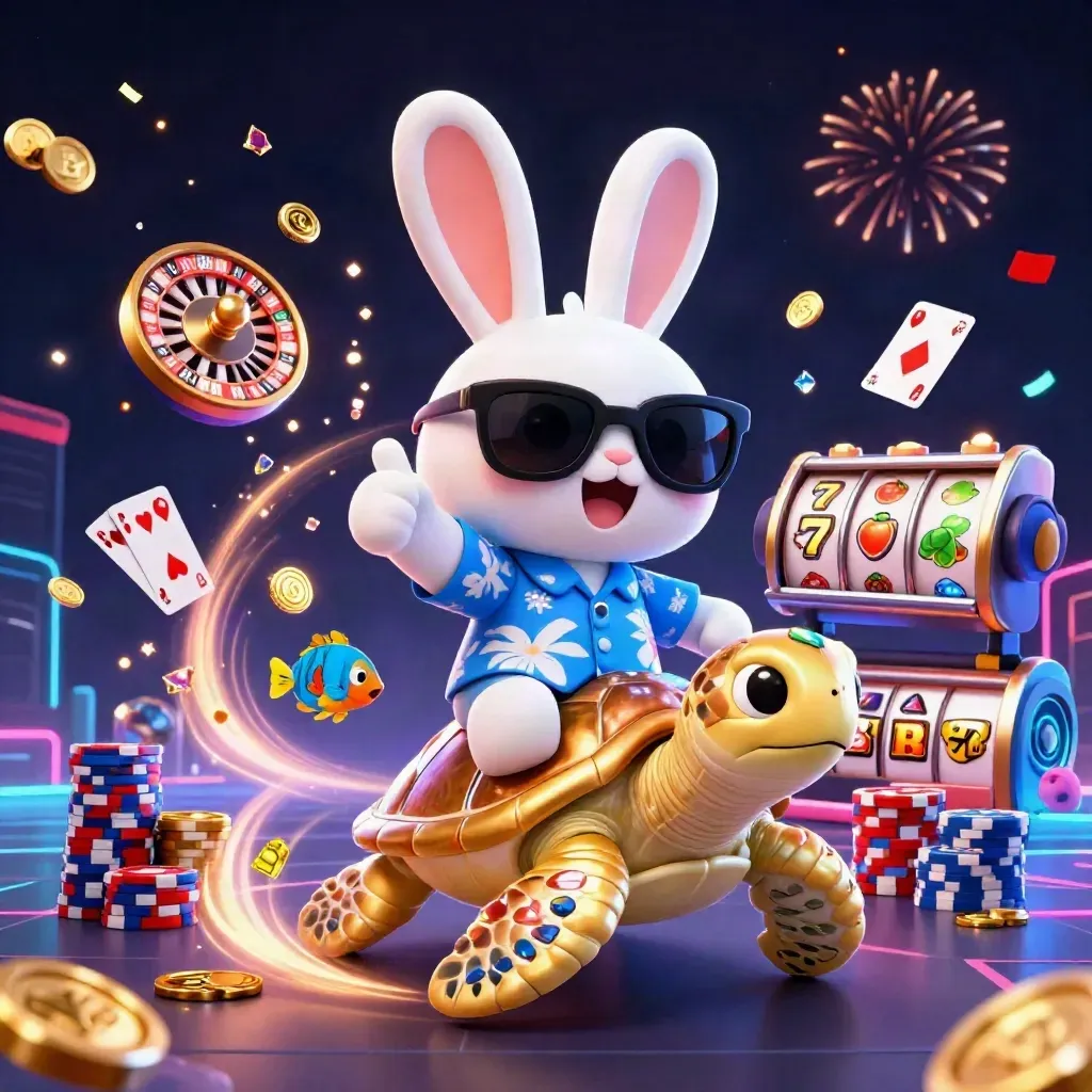 Lucky rabbit rides a gem-shell turtle amid coins, cards, chips and neon casino effects.