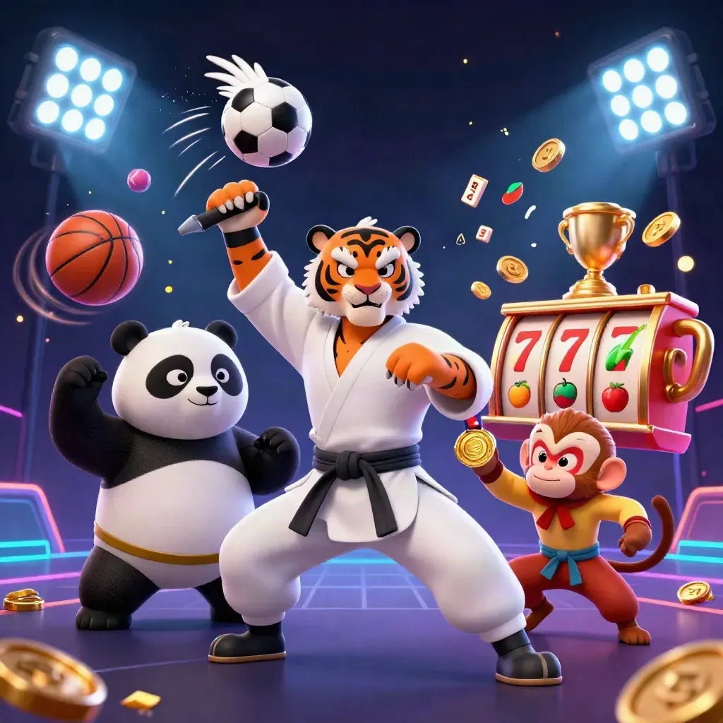 Tiger, panda, and monkey burst through neon casino effects with flying balls and slot symbols.